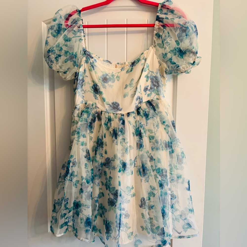 Altar’d State Sheer Floral Puff Sleeve Mini Dress - Blue & White